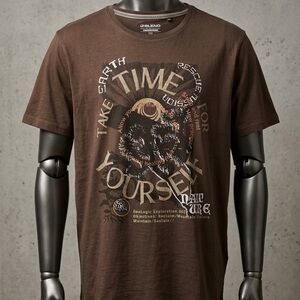 Blend Tee Shirt Mens XXL Brown Cotton Comfort All-over Motto Print Rib Crew